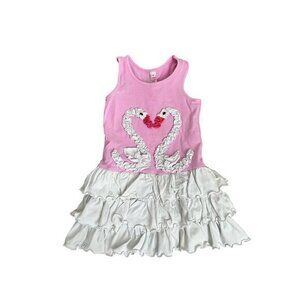 Girls Pink & White Swan Dress With Ruffled Skirt By Janie Size 4T Cotton Summer